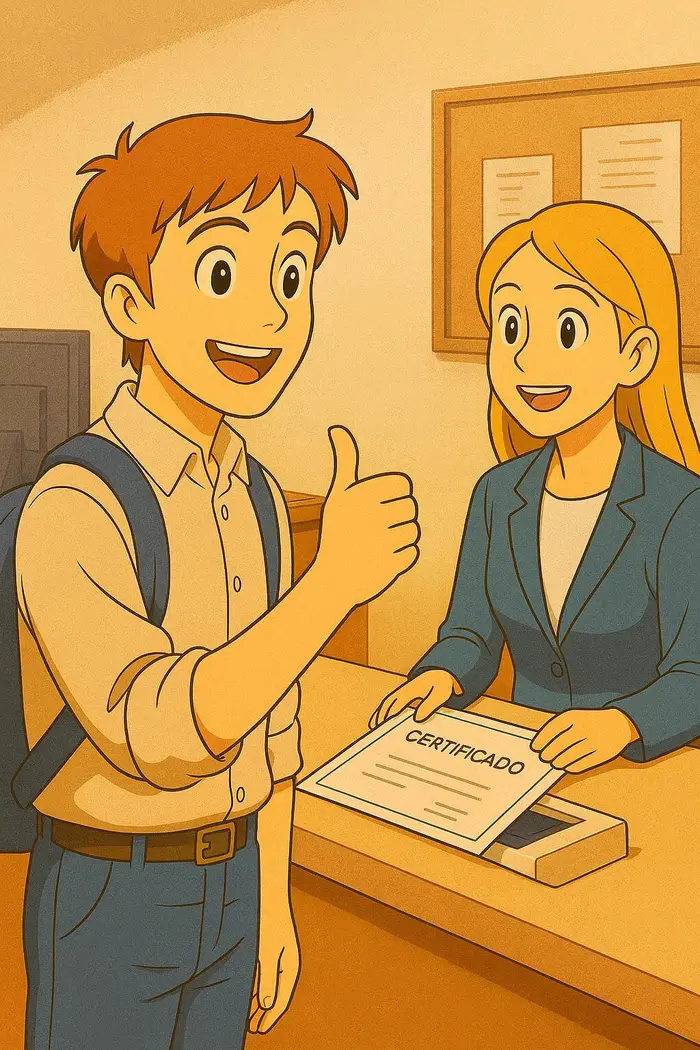 Pessoa jovem a receber um certificado num balcão de atendimento, fazendo um gesto de aprovação.
