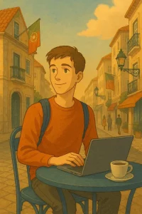 Pessoa jovem a trabalhar num computador portátil numa esplanada portuguesa, num ambiente urbano típico, sugerindo estudo, trabalho remoto e uso prático da língua.